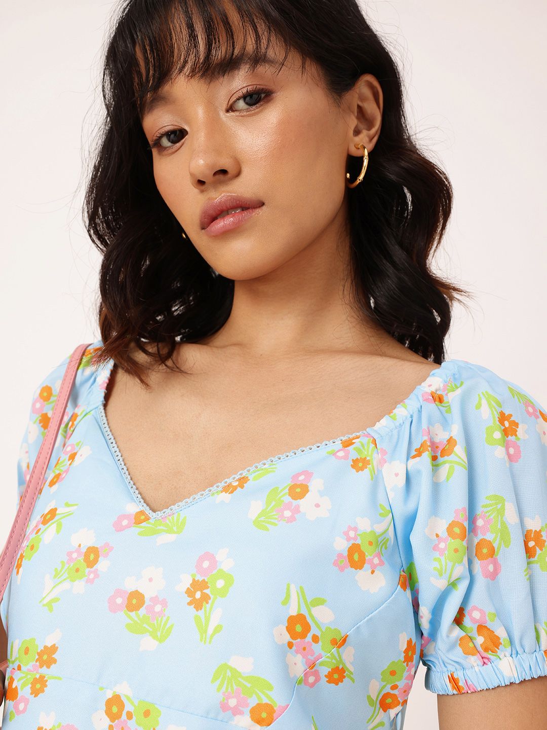 DressBerry Endearing Blossom Sweetheart Neck Puff Sleeves A-Line Dress