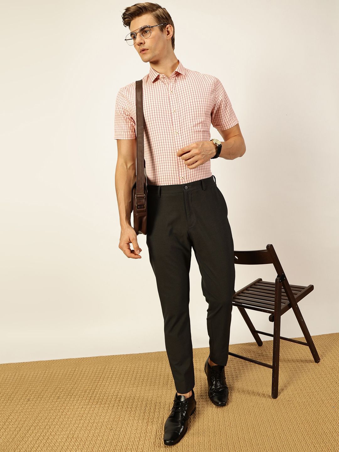 Thomas Scott Men Smart Cutaway Collar Gingham Checked Cotton Formal Shirt