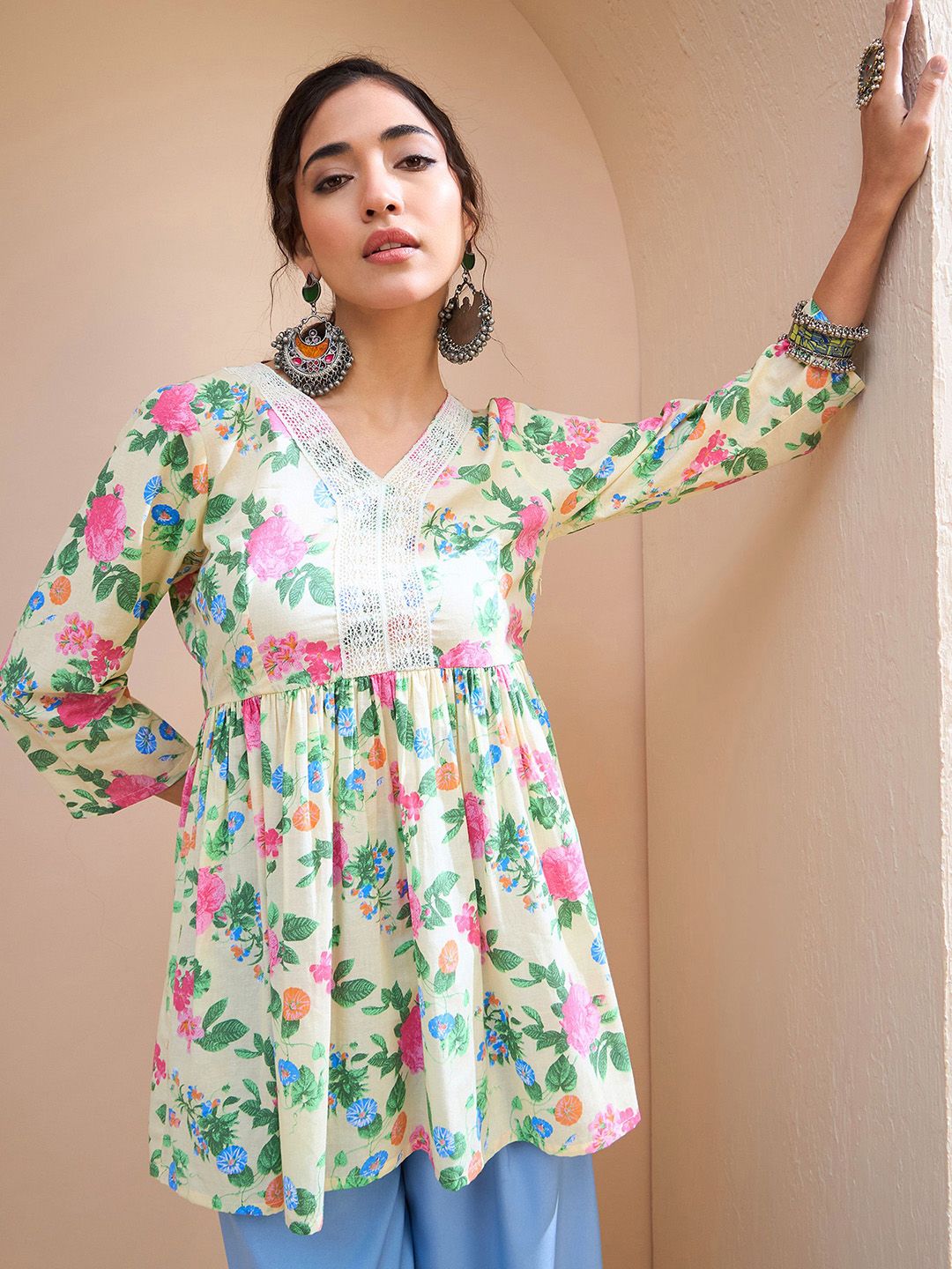 Shae by sassafras bunga bercetak v-neck patchwork murni kapas kurti