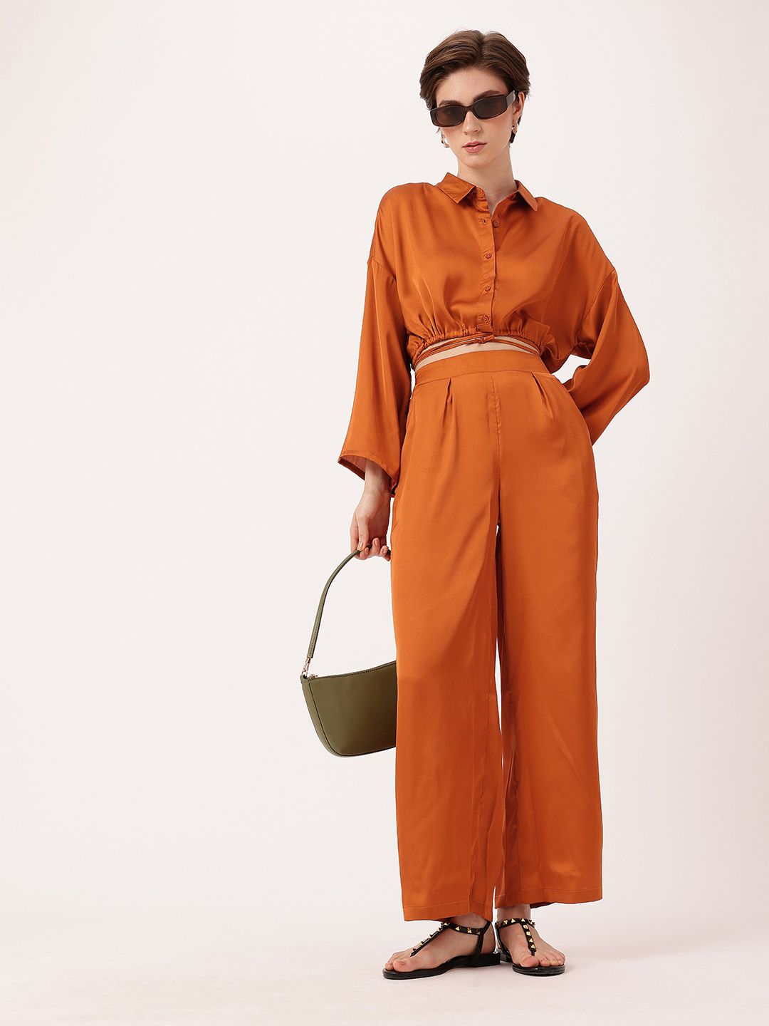 DressBerry Sashay In Satin Modern Glamour Midriff Peek Tie-Up Blouson Shirt Style Crop Top