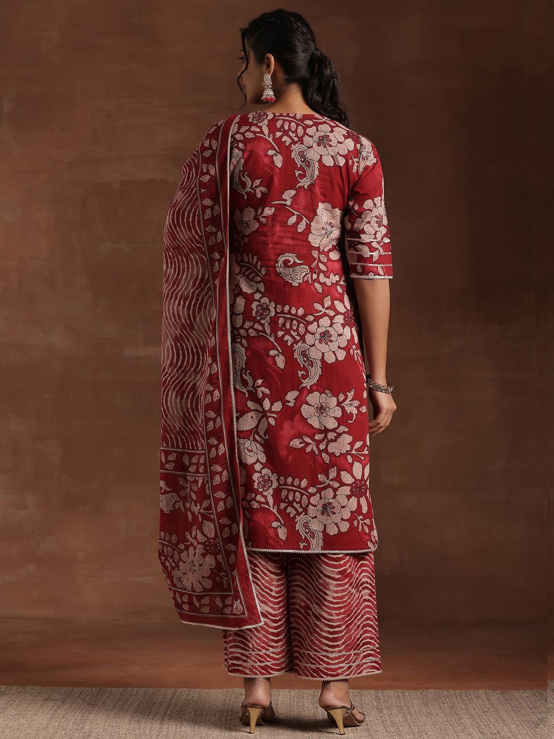 Libas Floral Printed Gotta Patti Pure Cotton Straight Kurta With Palazzo & Dupatta