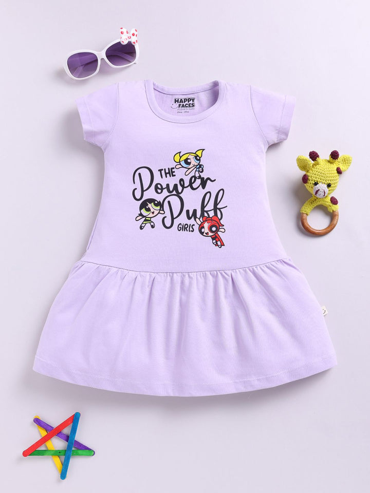 Happy Faces Girls Powerpuff Printed Pure Cotton Fit & Flare Dress
