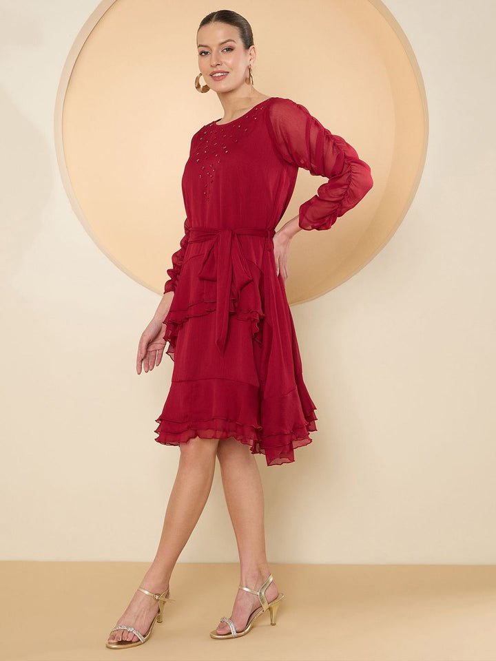 Antheaa Women Chiffon Fit & Flare Embellished Dress