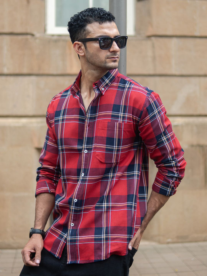 Powerlook Men Tartan Checked Button-Down Collar Pure Cotton Casual Shirt