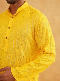 SOJANYA Leheriya Sequinned Band Collar Pure Cotton Straight Kurta With Churidar