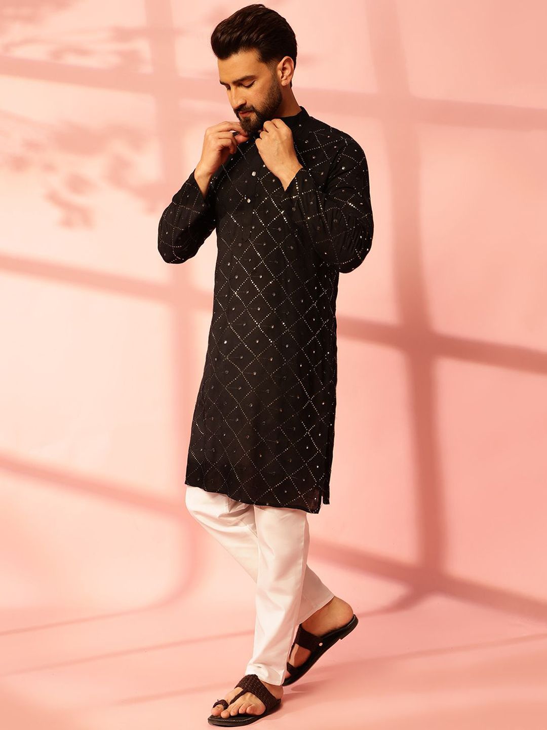 Anouk Geometric Embroidered Band Collar Mirror Work Cotton Straight Kurta