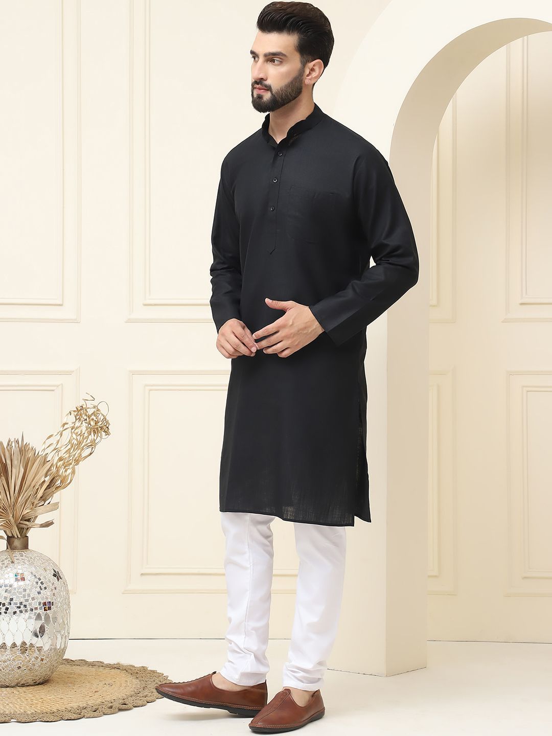 SOJANYA Kurta Linen Kapas Biasa Kolar Mandarin Dengan Pijama