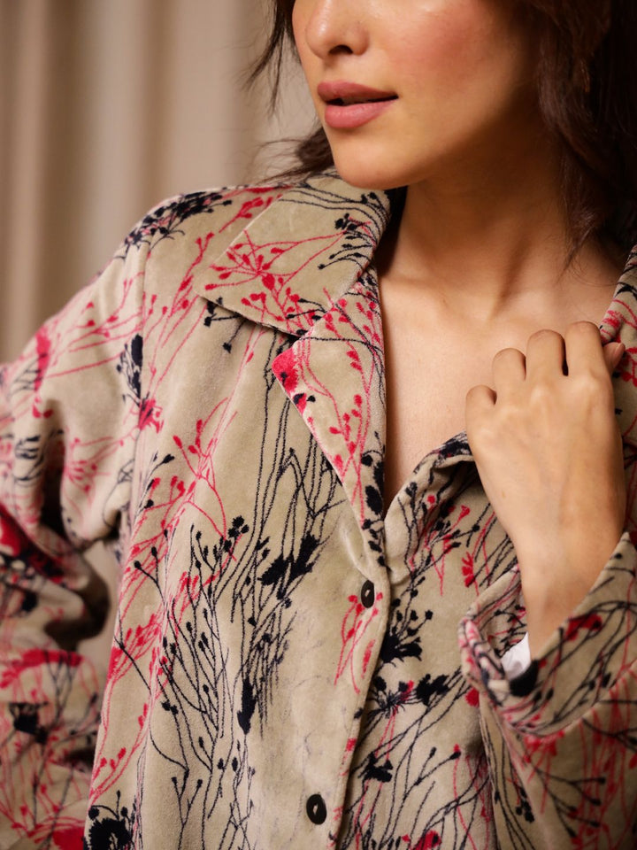 SANSKRUTIHOMES Women Lapel Collar Floral Printed Velvet Casual Tailored Jacket