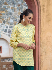 Rumah Wanita Chikankari Kurta Blok Tangan Kapas Kuning