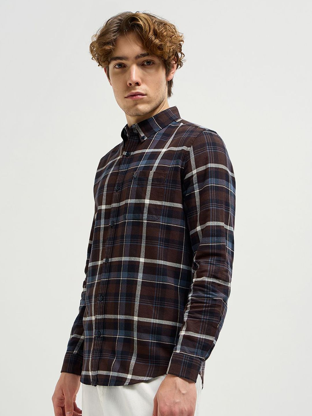 THE BEAR HOUSE Men Button-Down Collar Tartan Checked Cotton Casual Shirt