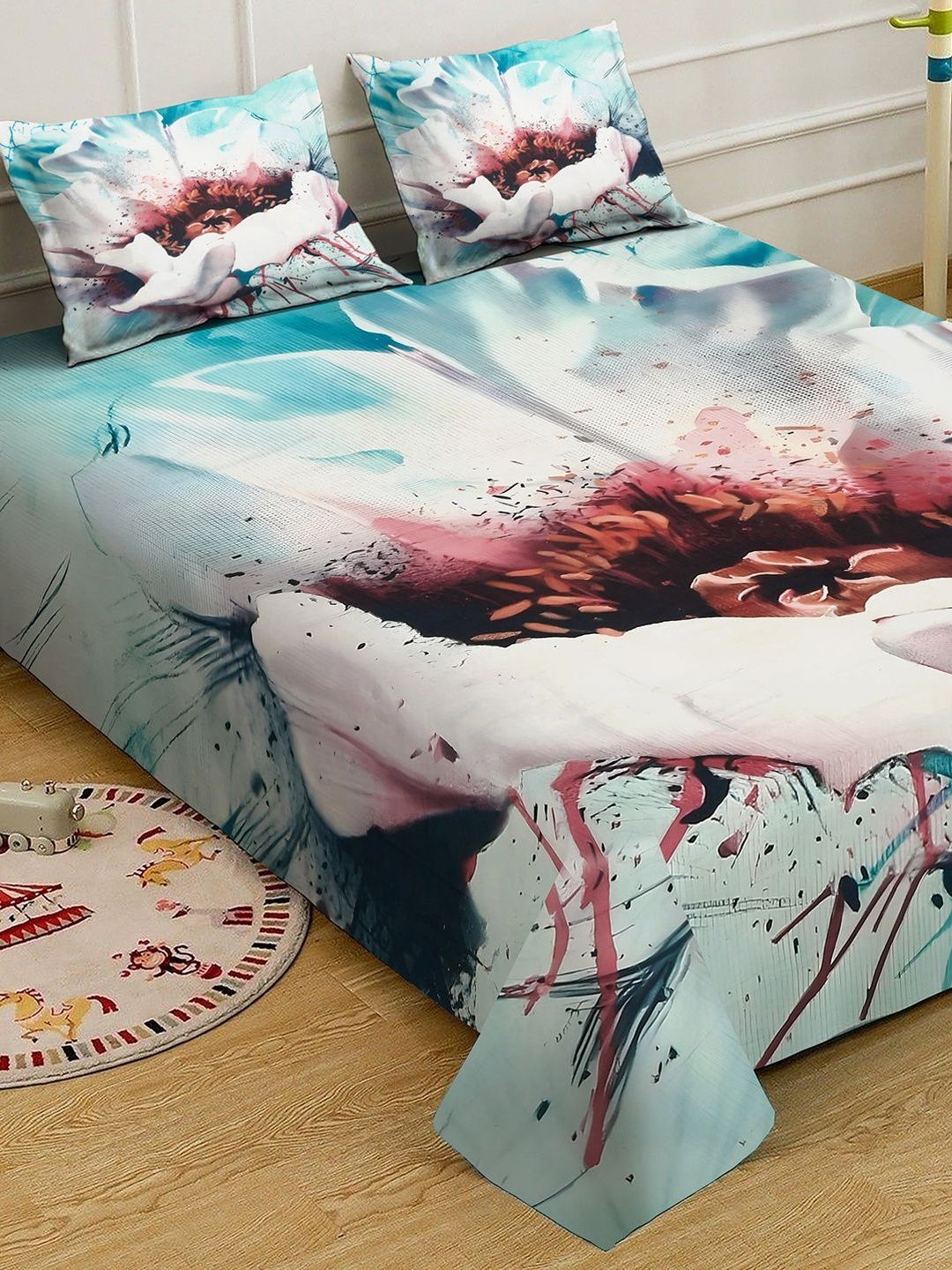 Myntra Elegant Homes Multicoloured Floral 300 TC Bedsheet with 2 Pillow Covers