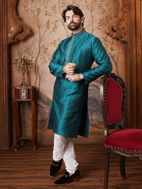 SOJANYA Lelaki Teal Green Sulam Kurta Lurus