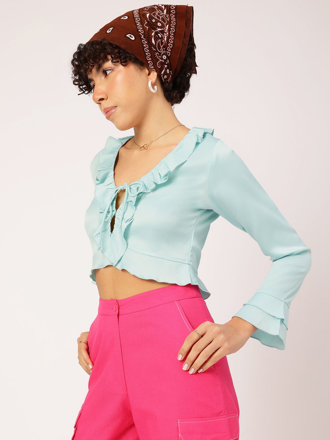 DressBerry Cottagecore Tie-Up Neck Ruffles Crop Top