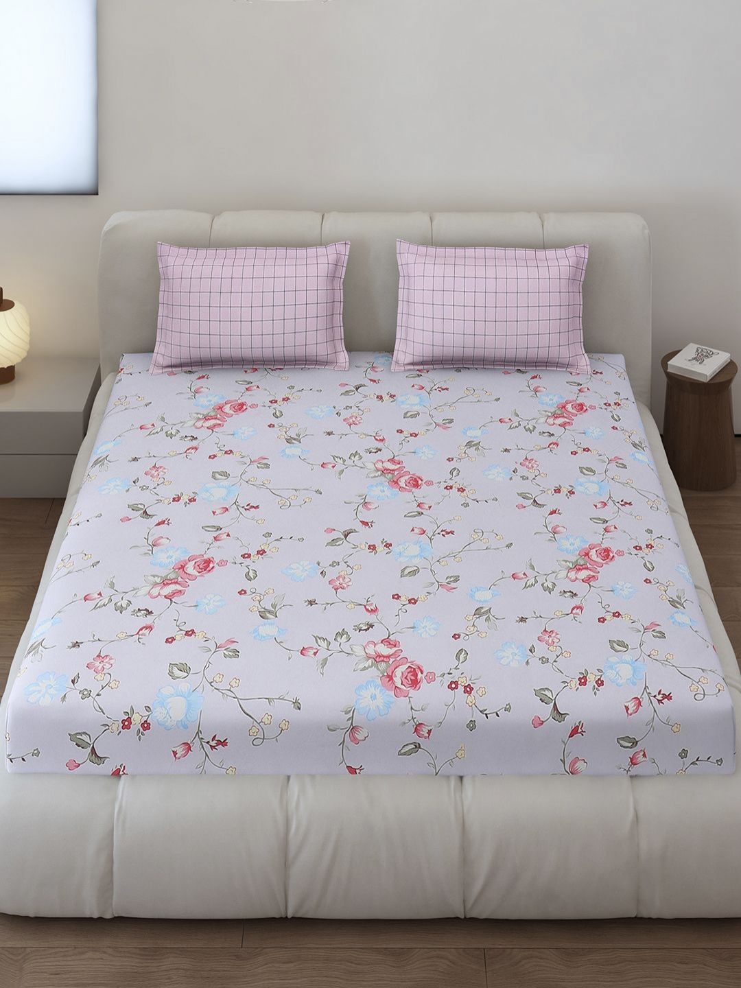 Monte Carlo Edmond Blue & Pink Floral Printed 144 TC King Bedsheet Set 2.70 m x 2.70 m