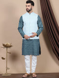 Motif Etnik Hijau Anouk Bercetak Kurta Kapas Tulen Lurus dengan Jaket Churidar & Nehru
