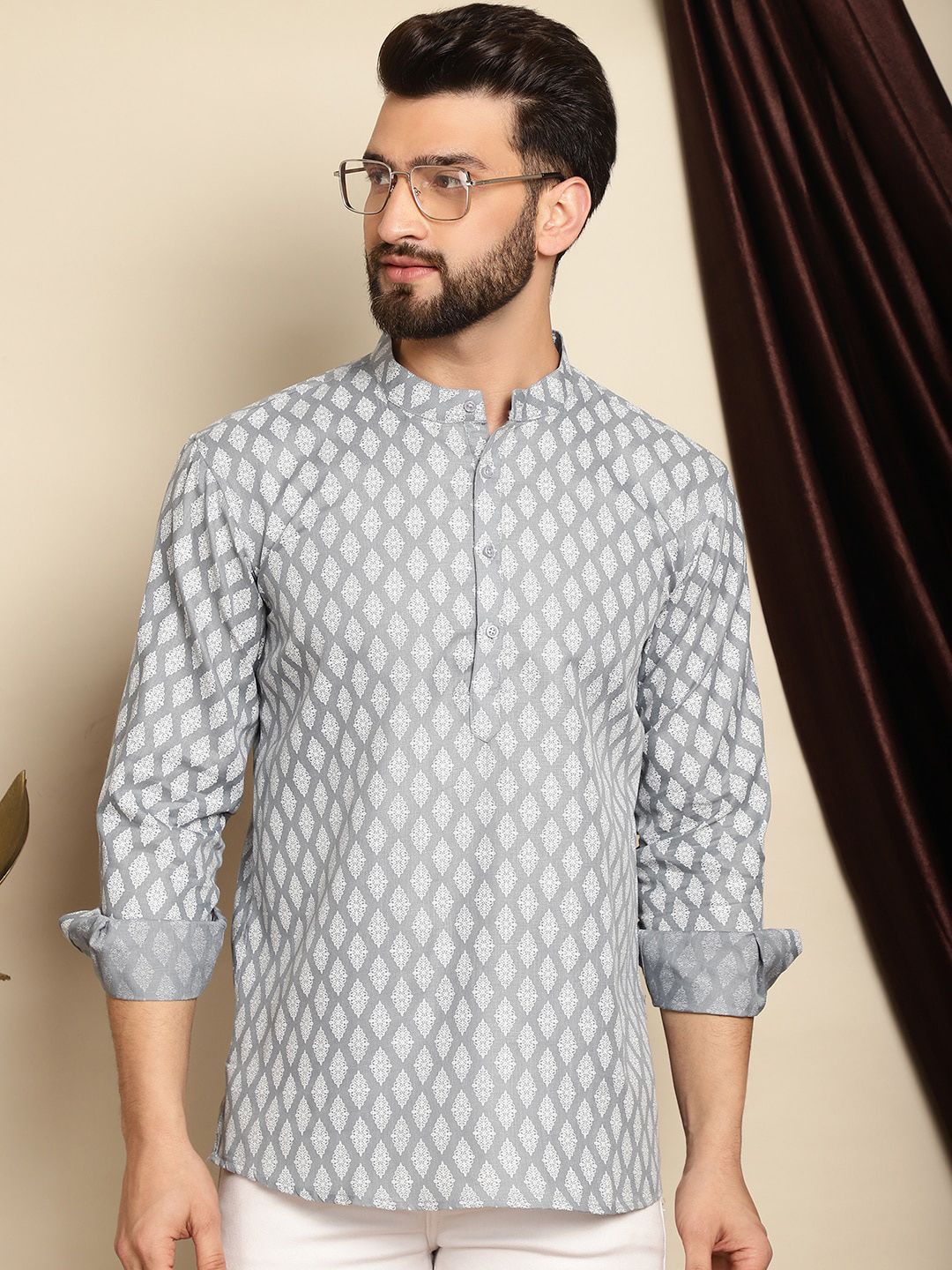 Anouk Lelaki Motif Etnik Bercetak Lengan Berkobar Kurta Pendek