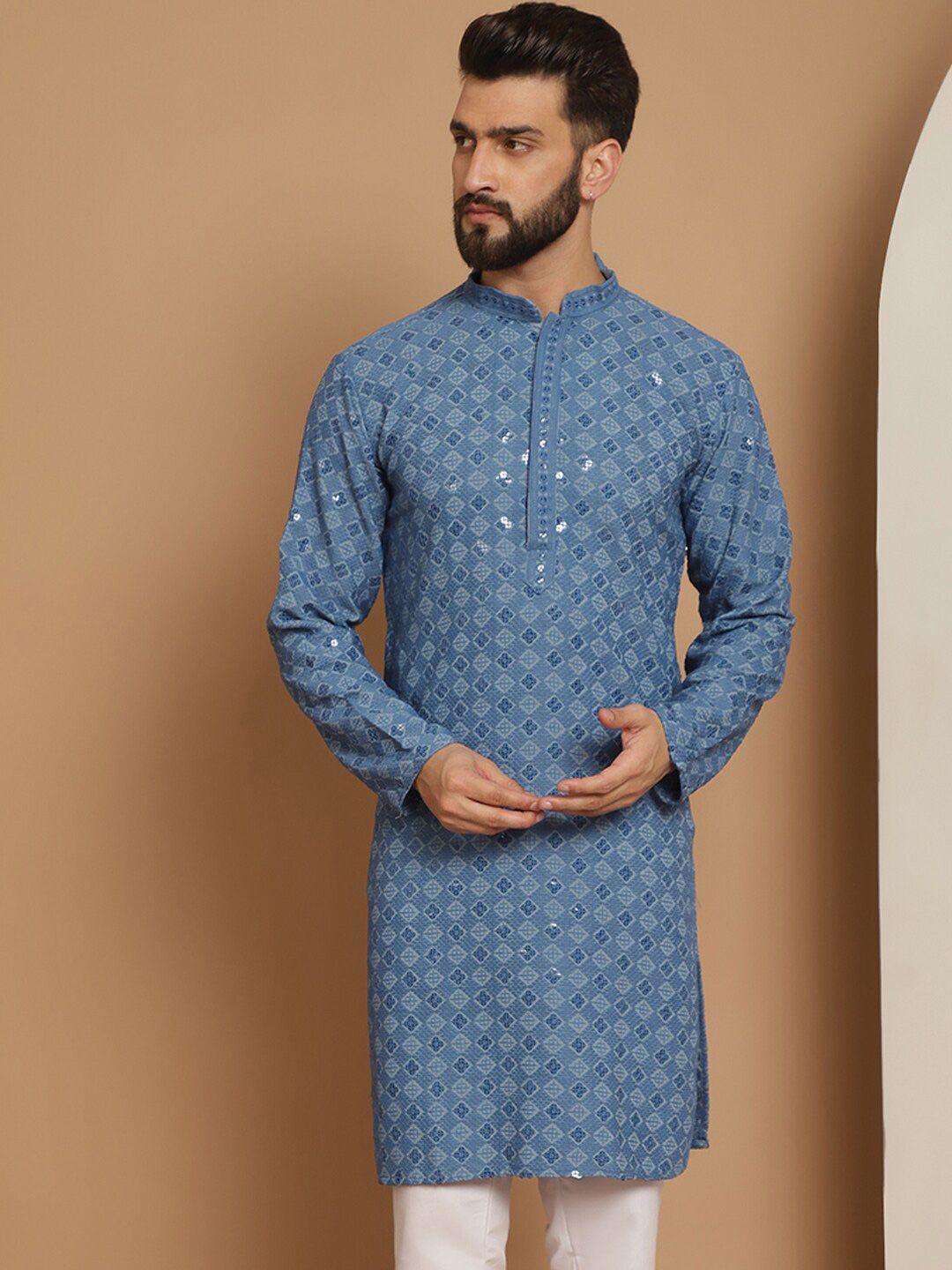 Anouk Blue Ethnic Motifs Embroidered Sequinned Detailed Cotton Straight Kurta