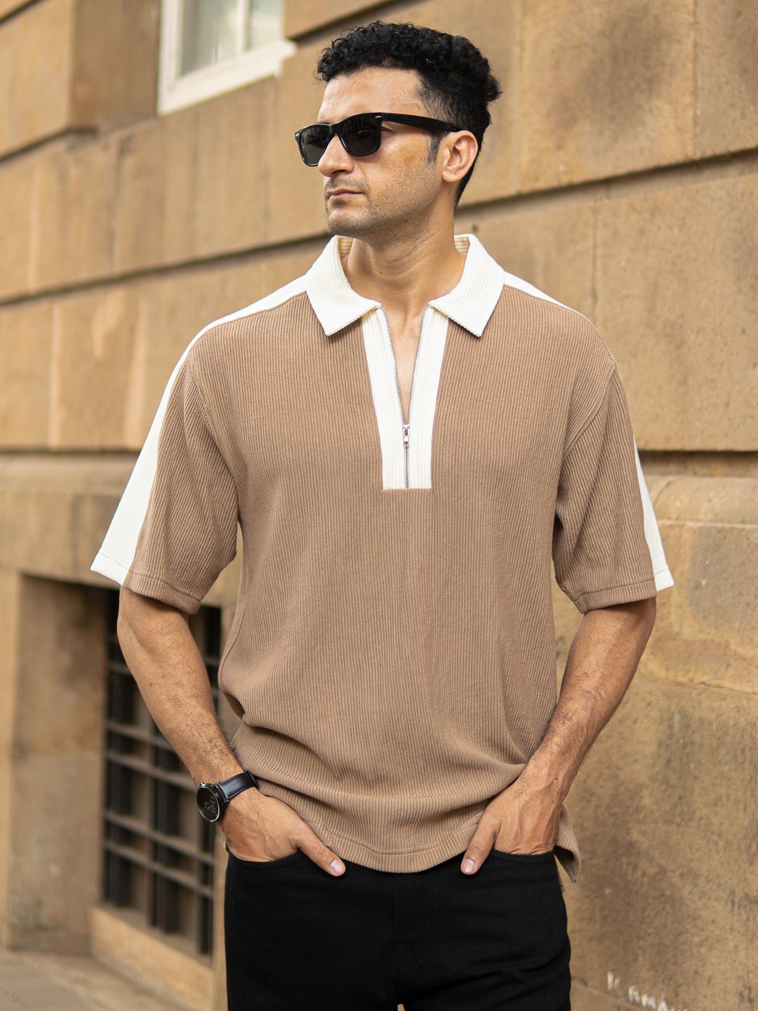 Powerlook Men Polo Collar Drop-Shoulder Sleeves Oversized T-shirt