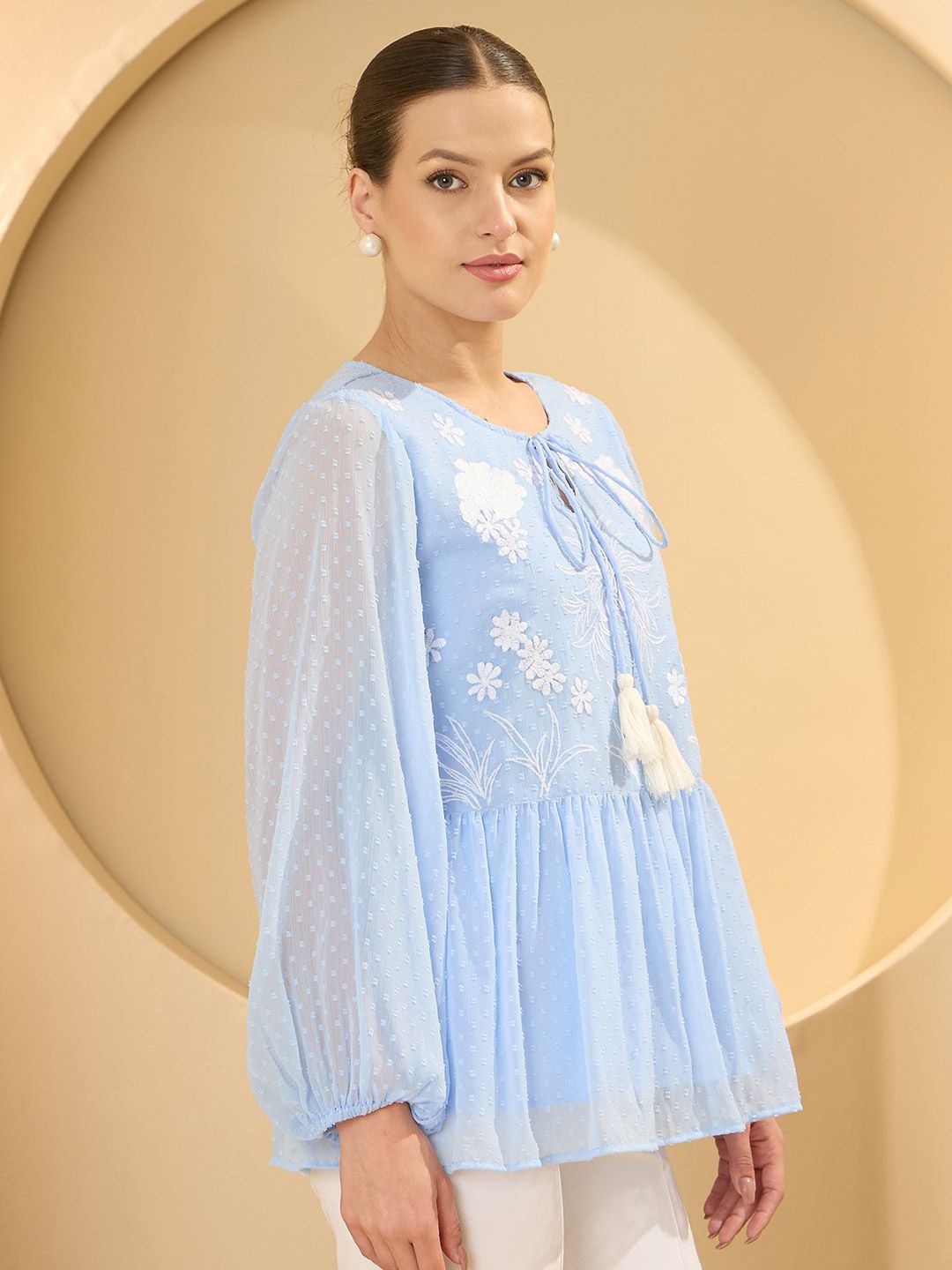 Antheaa Embroidered Self Design Tie-Up Neck Chiffon Top