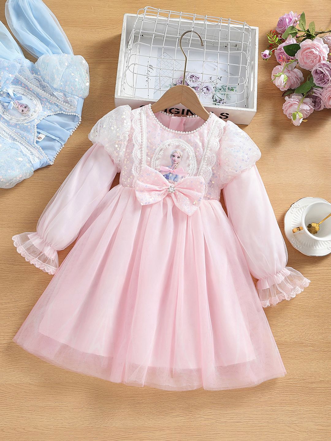 YK Girls Self Design Sequined Fit and Flare Knee Length Dress