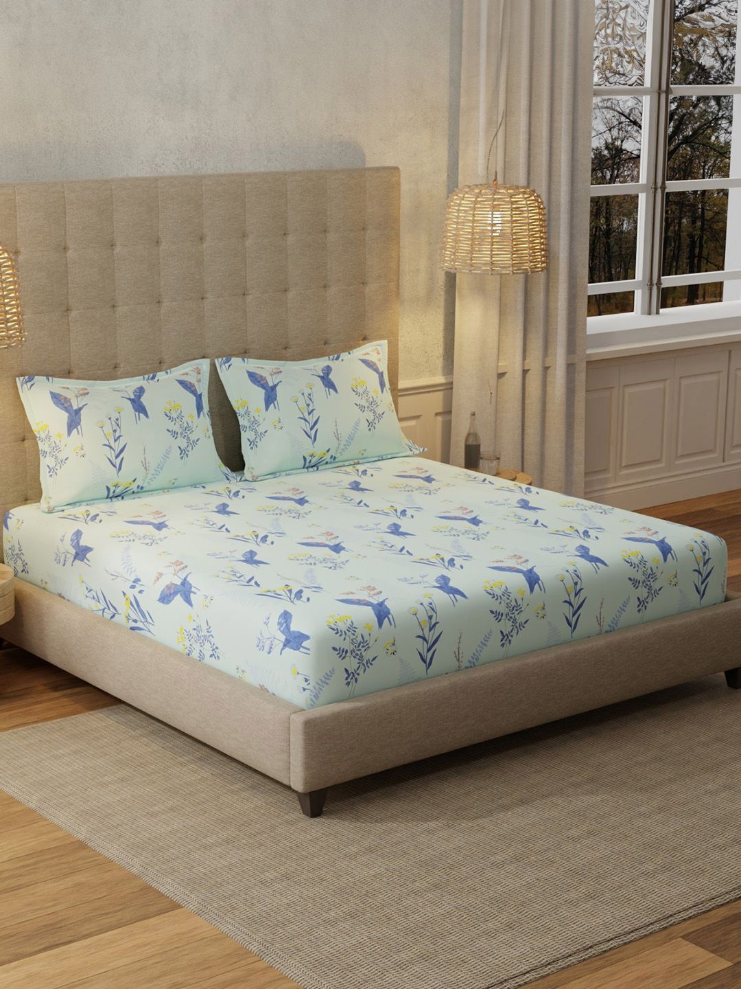 URBAN SPACE Whisper Mint Blue 200 TC Floral Queen Bedsheet 2 Pillow Covers