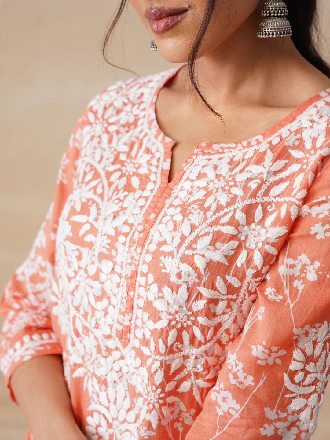 House of Chikankari Women Orange Mulmul Chikankari Embroidered Kurta
