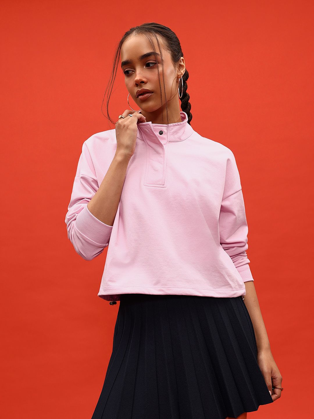 DressBerry Solid Mock Collar Relaxed Sweatshirt