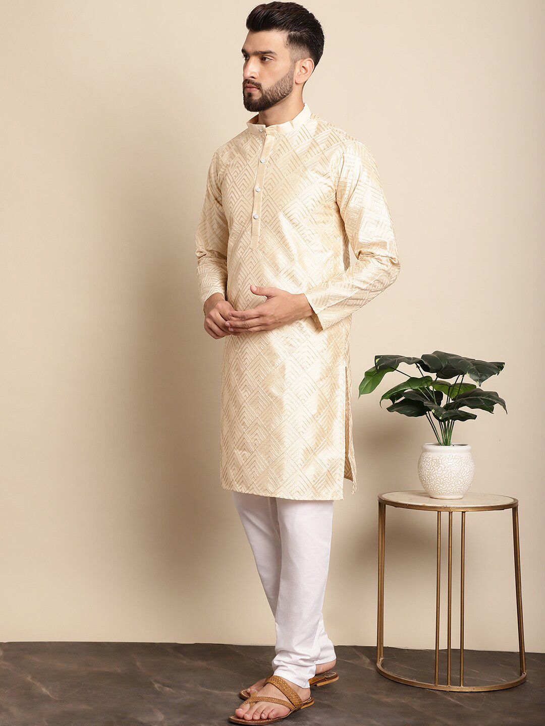 Anouk Geometric Embroidered Dupion Silk Kurta with Pyjamas