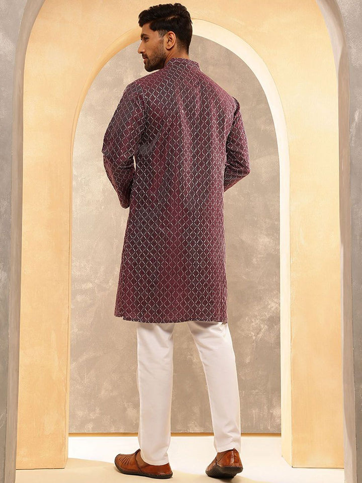 Anouk Geometric Embroidered Thread Work Band Collar Silk Cotton Kurta with Pyjamas