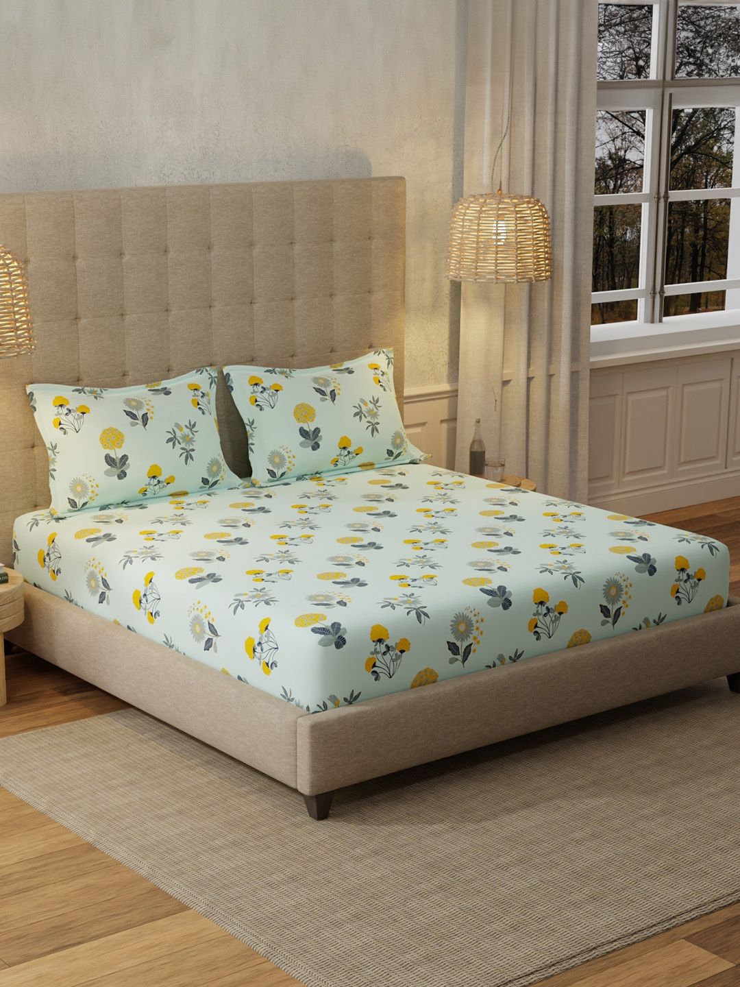 URBAN SPACE Radiance Sky Blue 200 TC Floral King Fitted Bedsheet