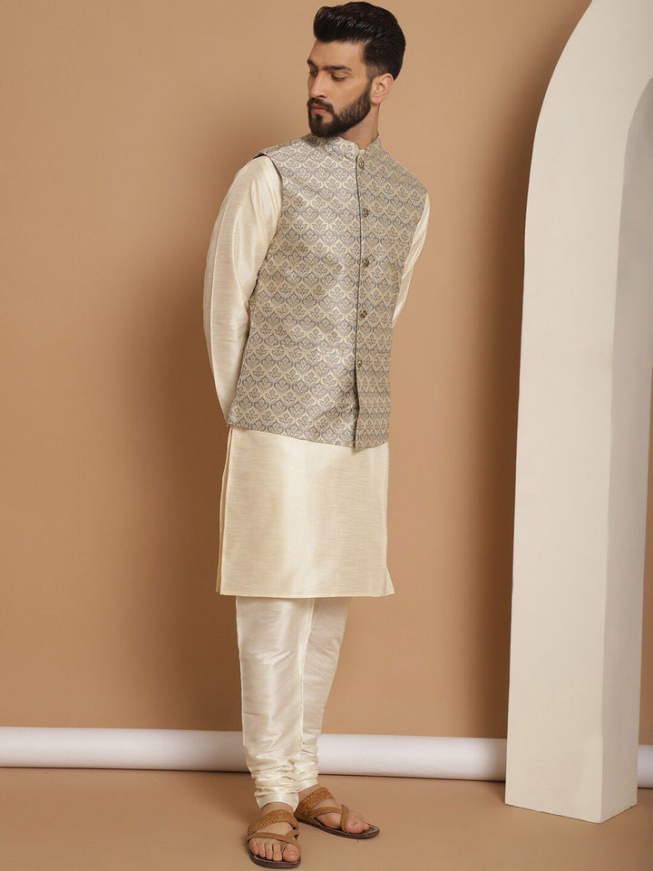 Anouk Woven Design Straight Kurta with Churidar & Nehru Jacket