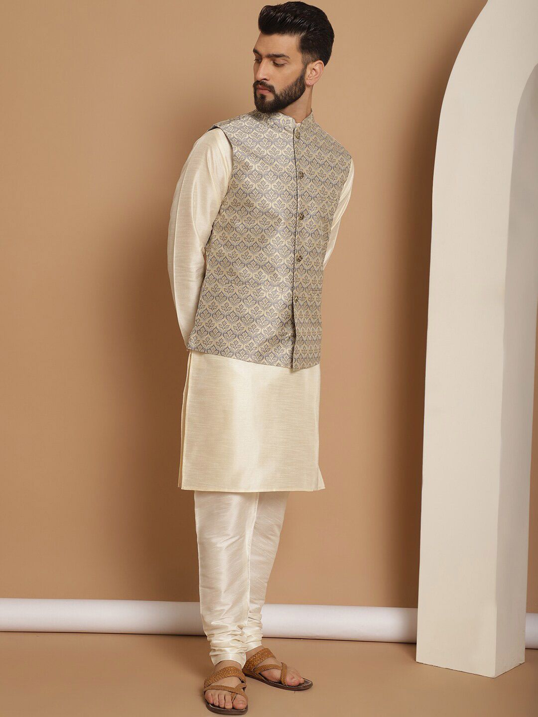 Anouk Woven Design Straight Kurta with Churidar & Nehru Jacket