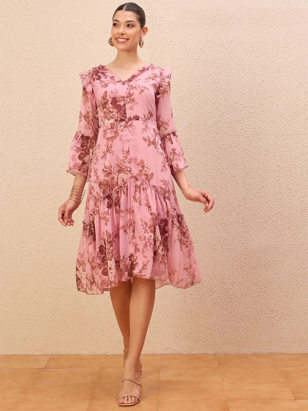Antheaa Floral Print Drop-Waist Midi Dress