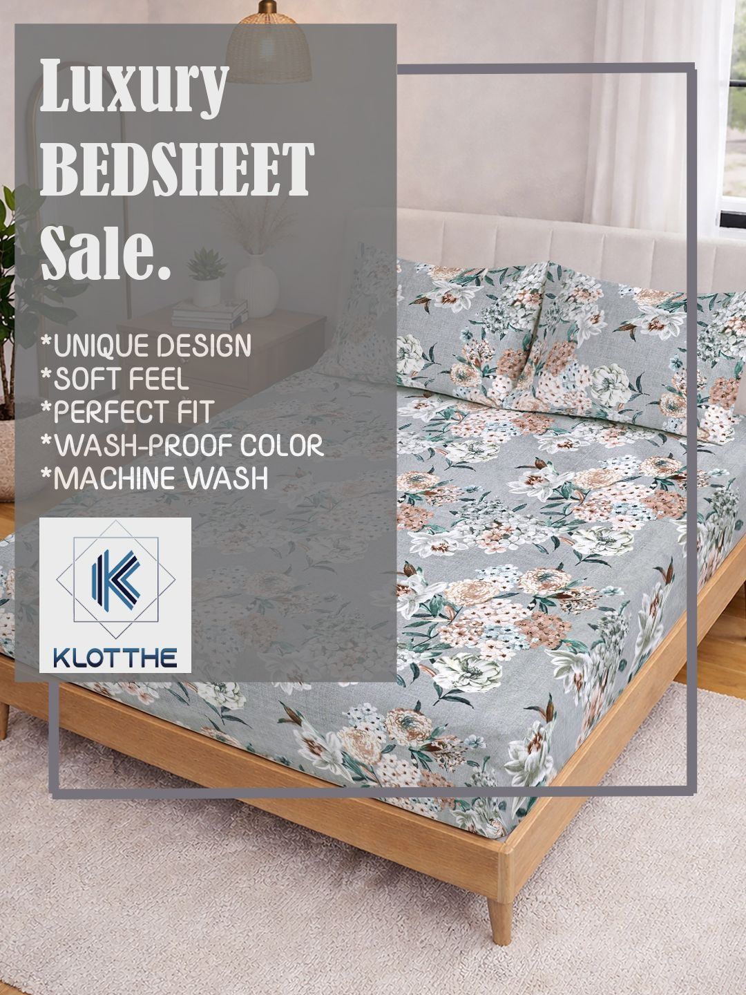 KLOTTHE Grey Floral Fitted Double Bedsheet with 2 Pillow Covers