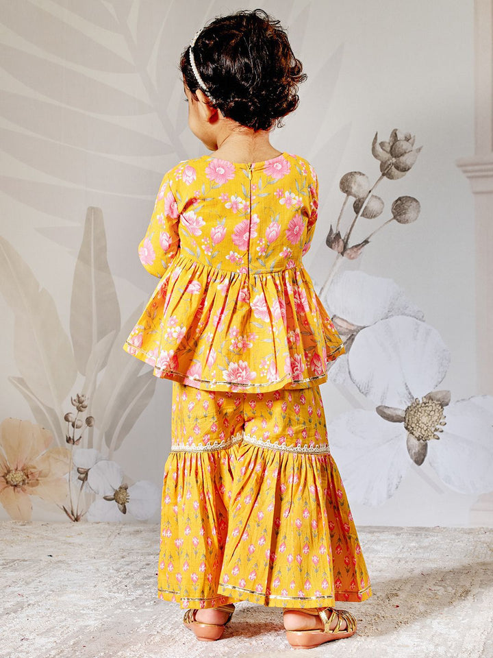 VASTRAMAY Girls Floral Printed Cotton Anarkali Kurta with Sharara & Dupatta