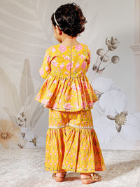 VASTRAMAY Girls Floral Printed Cotton Anarkali Kurta with Sharara & Dupatta