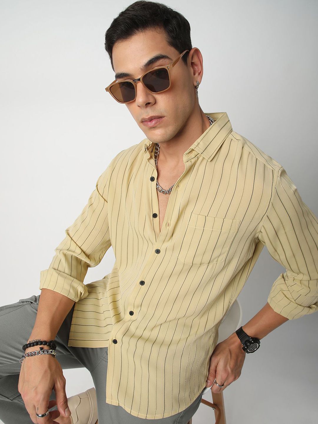 VASTRADO Men Classic Spread Collar Vertical Striped Slim Fit Casual Shirt