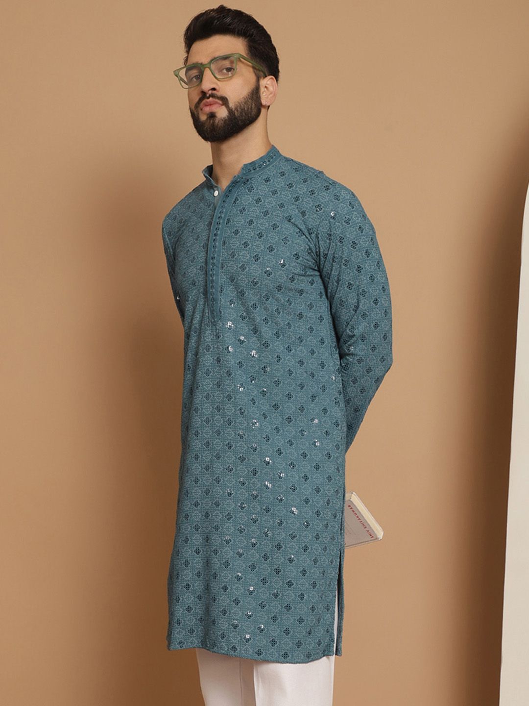Anouk Men Blue Geometric Mirror Work Kurta