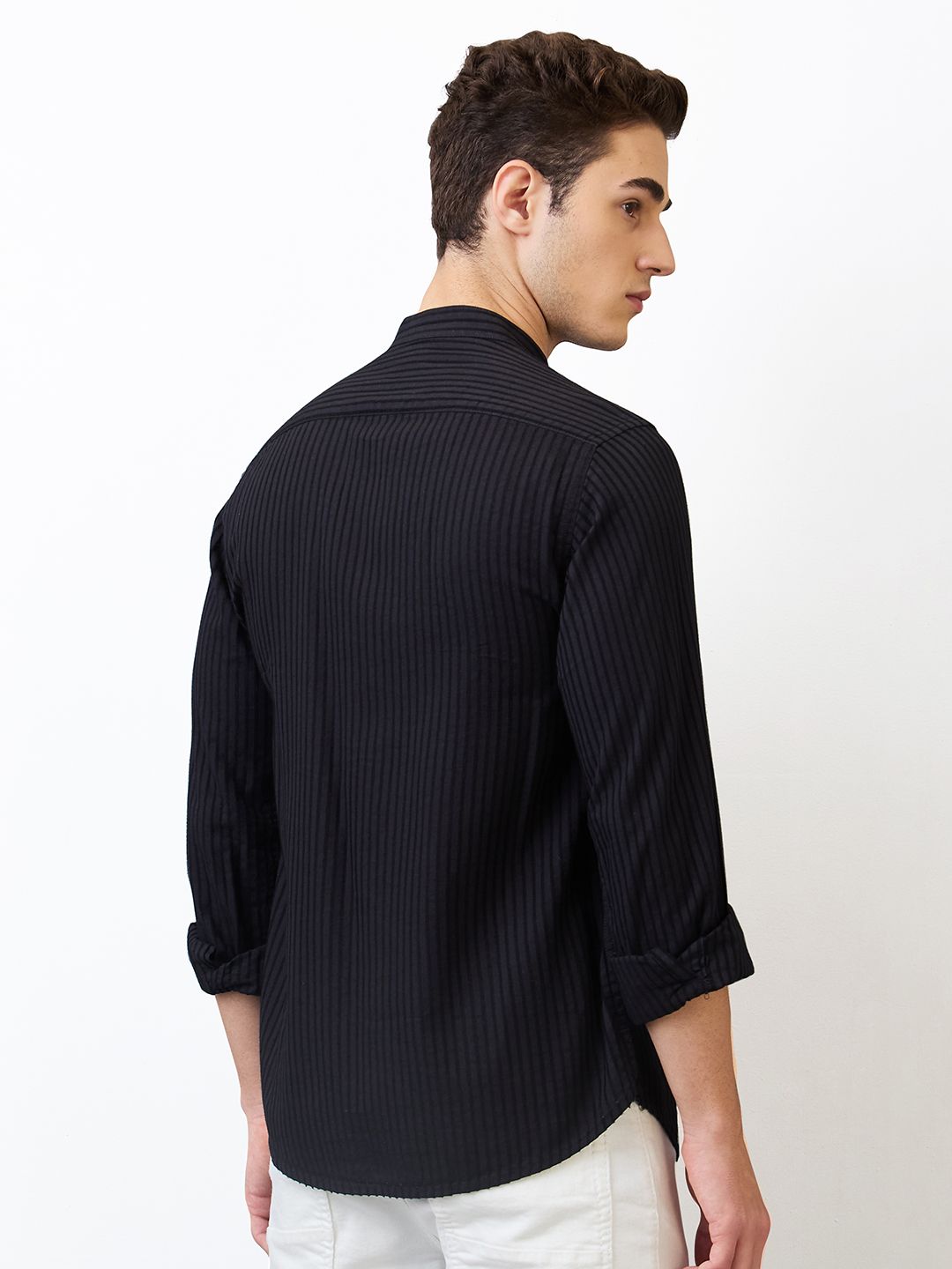 SPYKAR Men Band Collar Vertical Striped Cotton Casual Shirt