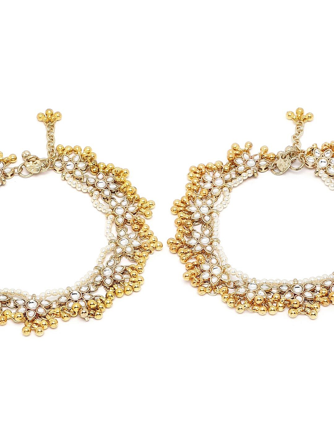 KARATCART Set Of 2 Gold-Plated White Kundan-Studded Anklets