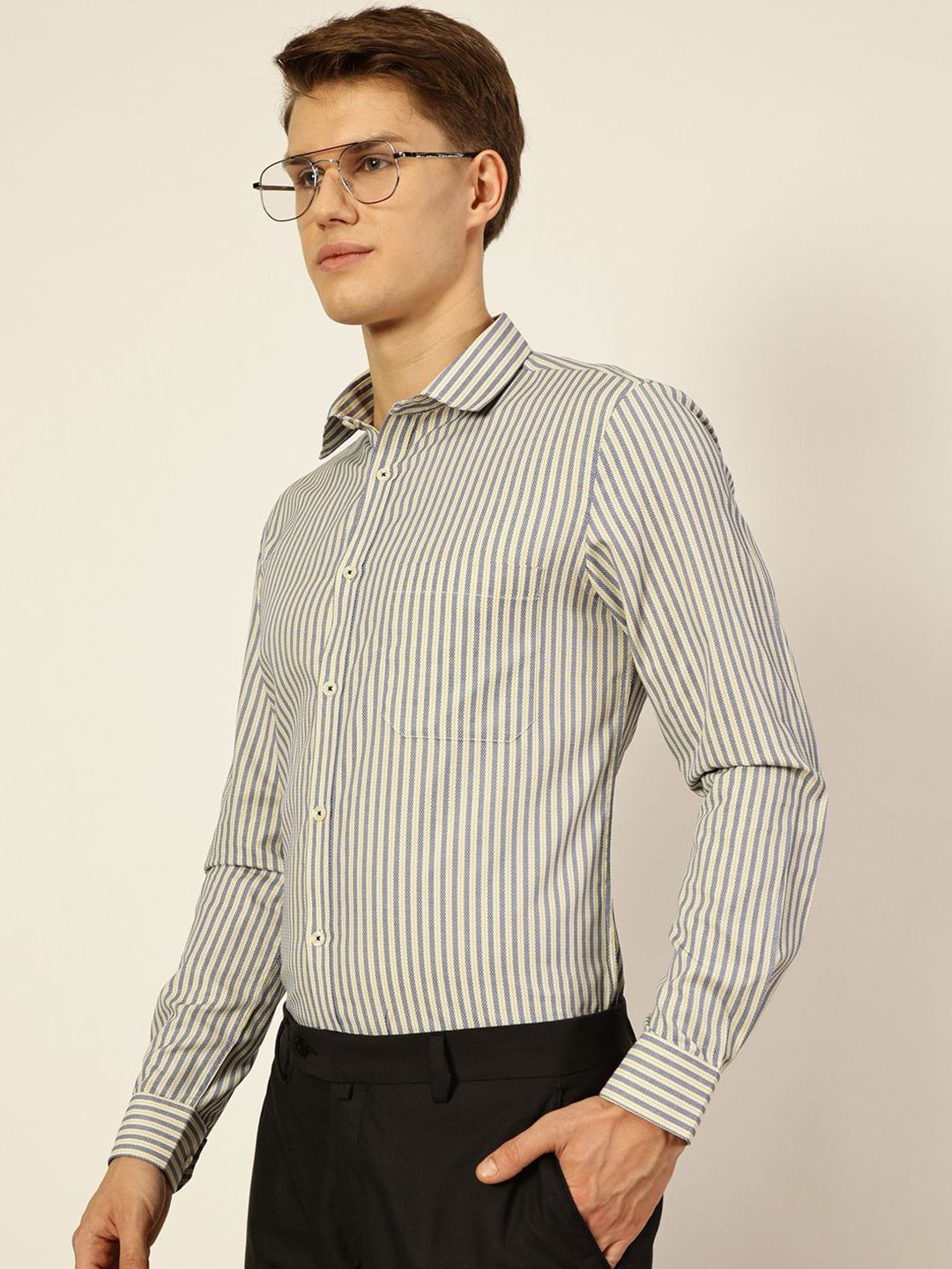 Thomas Scott Men Smart Spread Collar Pinstripes Striped Cotton Formal Shirt