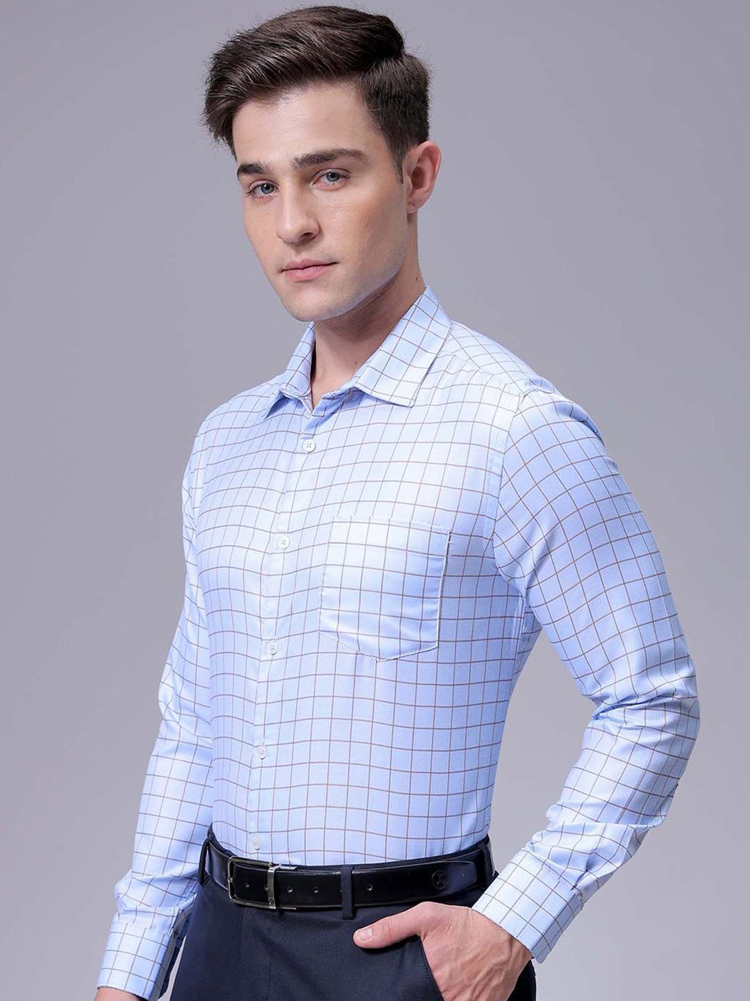 The Indian Garage Co. X Luxe Men Slim Fit Cutaway Collar Grid Tattersall Checked Formal Shirt
