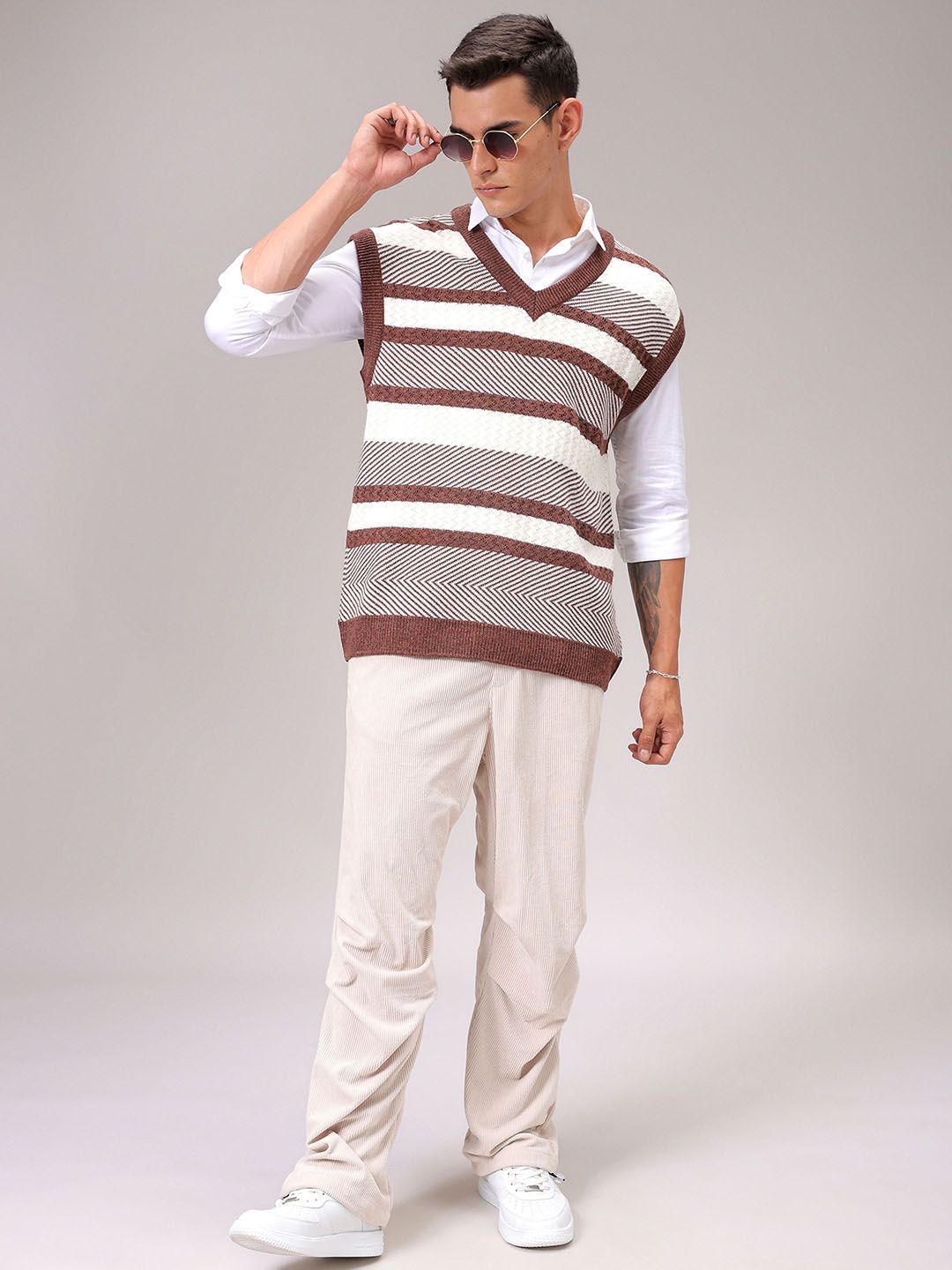 The Indian Garage Co Men Striped V-Neck Pullover