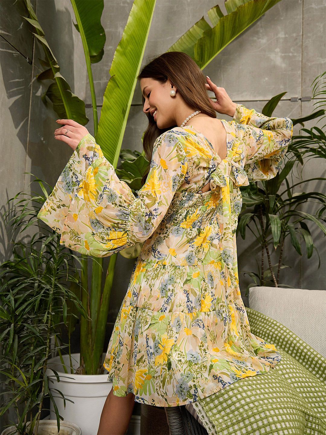 SASSAFRAS Floral Print Georgette Fit & Flare Mini Dress