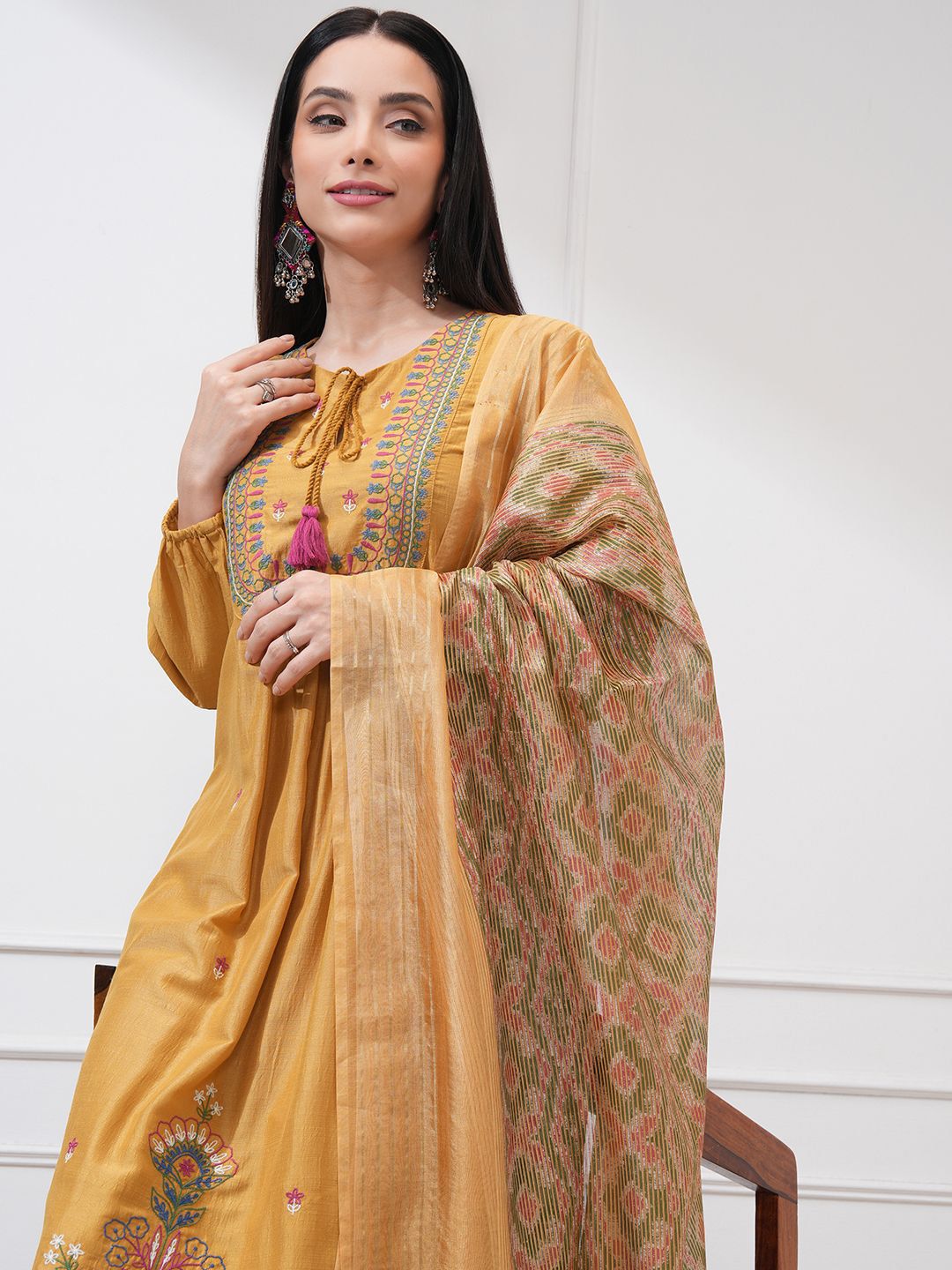 Vishudh Floral Embroidered Tie-Up Neck Thread Work A-line Kurta With Trouser And Dupatta