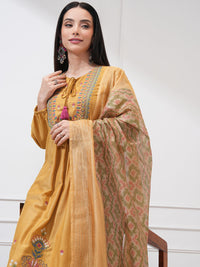 Vishudh Floral Embroidered Tie-Up Neck Thread Work A-line Kurta With Trouser And Dupatta