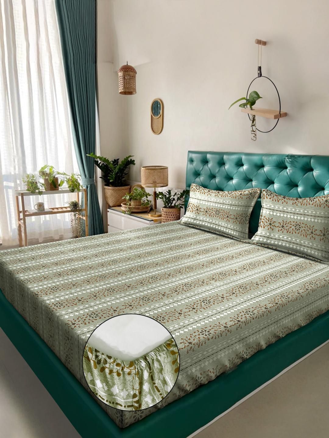 KLOTTHE Green Floral Printed Fitted 400 TC Cotton King Bedsheet & 2 Pillow Covers