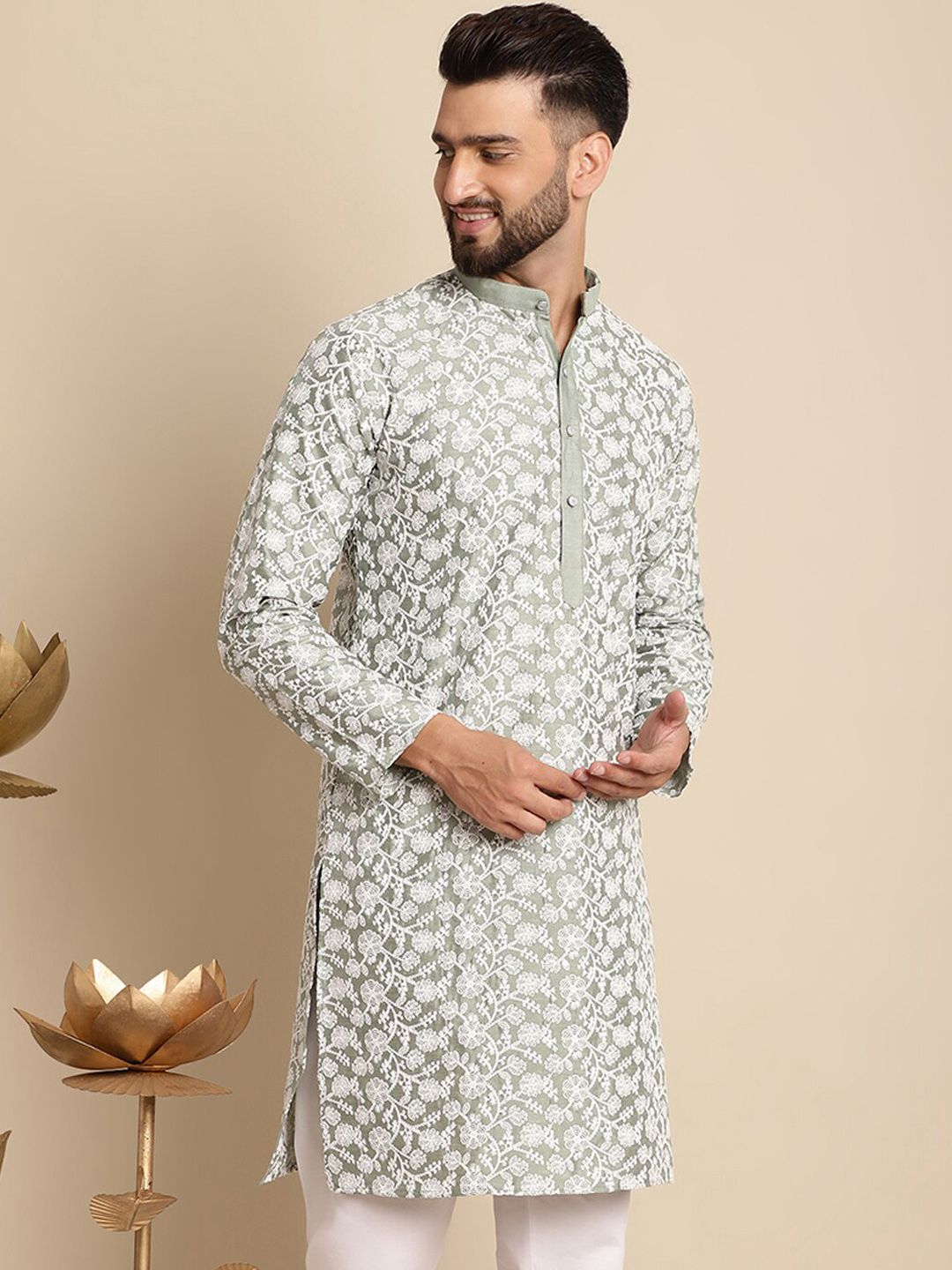 Anouk Floral Embroidered Band Collar Silk Cotton Straight Kurta