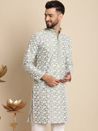 Anouk Floral Embroidered Band Collar Silk Cotton Straight Kurta