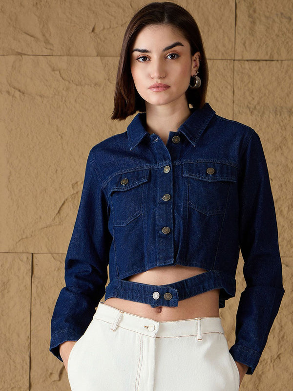 SASSAFRAS Women Crop Denim Jacket with Embroidered